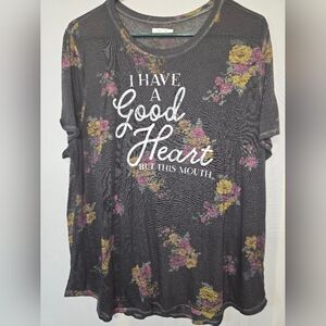 #33 Maurices Black Graphic T-Shirt with Pink Floral Design